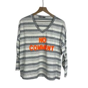 Women's Gray Cream Striped Long Sleeve T-Shirt "No Comment" Italy Est 3X Preppy